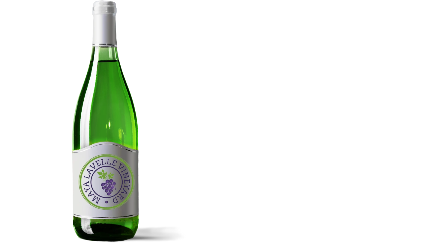 a bottle of the house wine with its label, standing